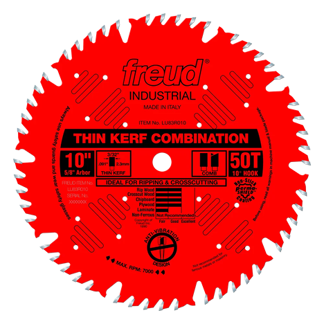 Red industrial circular saw blade with 50 teeth designed for thin kerf cutting in home improvement tasks