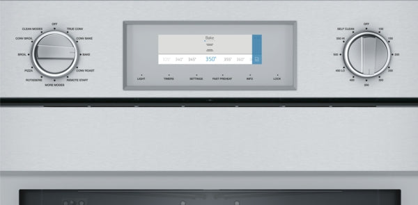 Digital control panel and stainless steel knobs on professional single wall oven from Thermador kitchen appliances collection