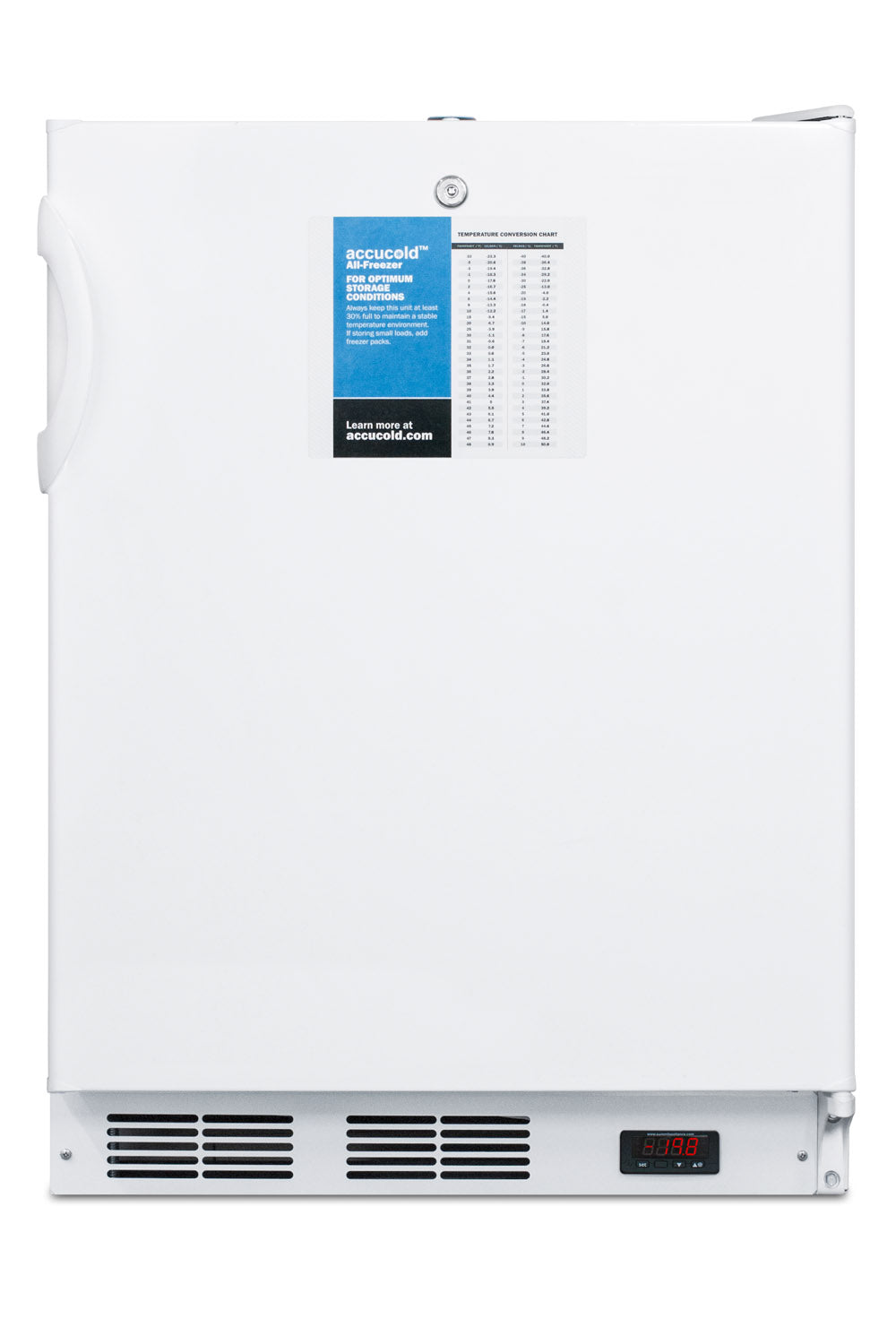 Compact white all-freezer with digital temperature display and ventilation grille in appliances collection