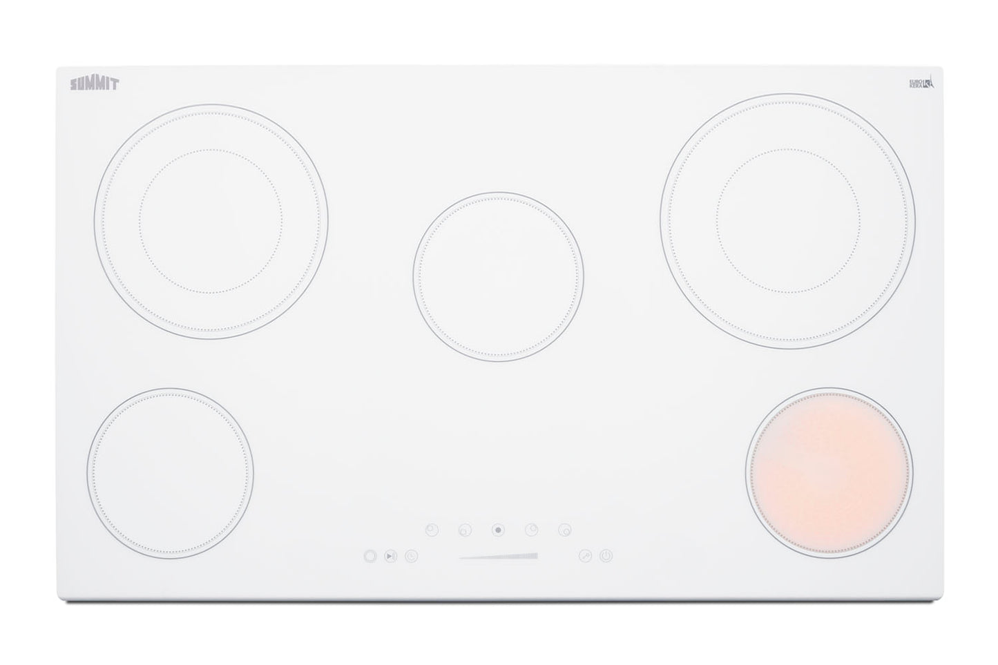 36-inch white radiant cooktop with five burners and smooth surface featuring touch slider controls for kitchen appliances use