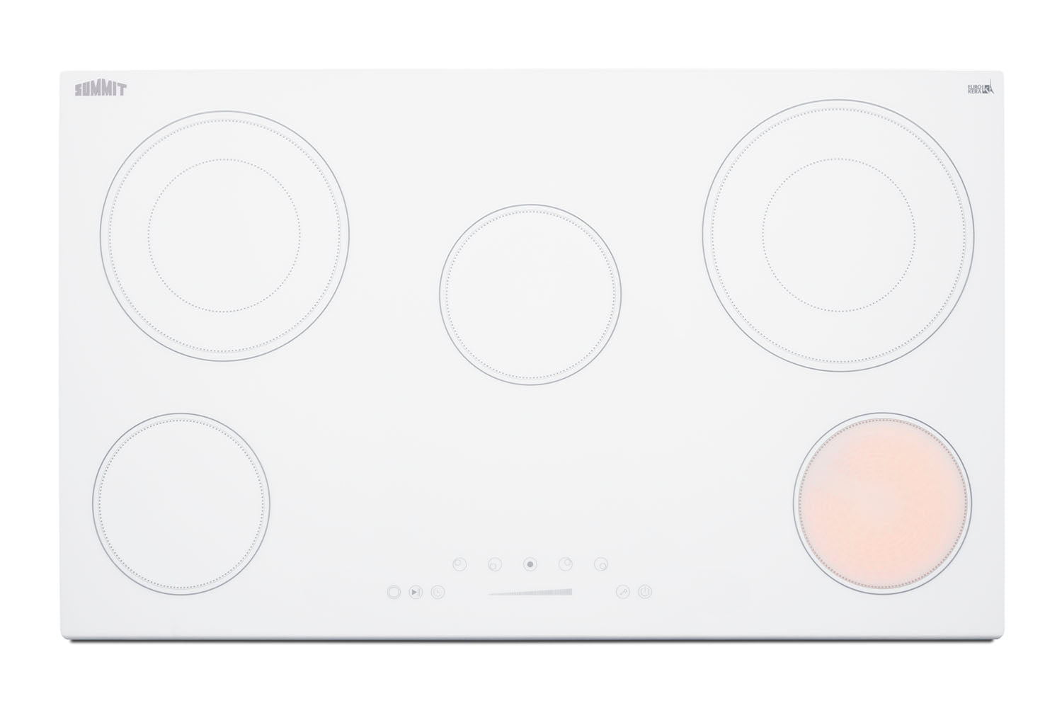36-inch white radiant cooktop with five burners and smooth surface featuring touch slider controls for kitchen appliances use