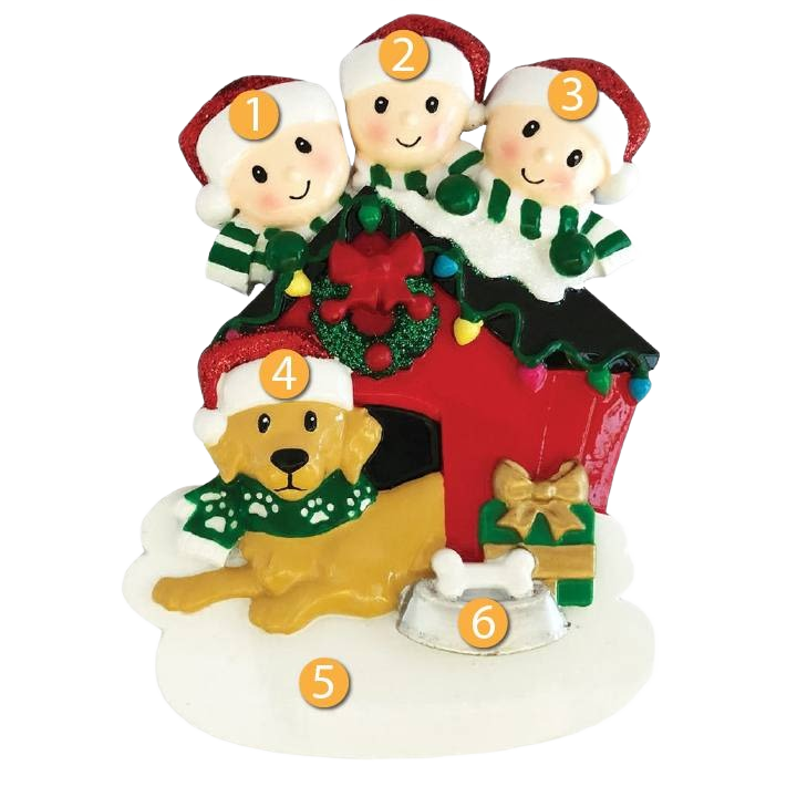 Personalized family of three with dog ornament wearing holiday scarves and Santa hats in Christmas decorations under $50 collection