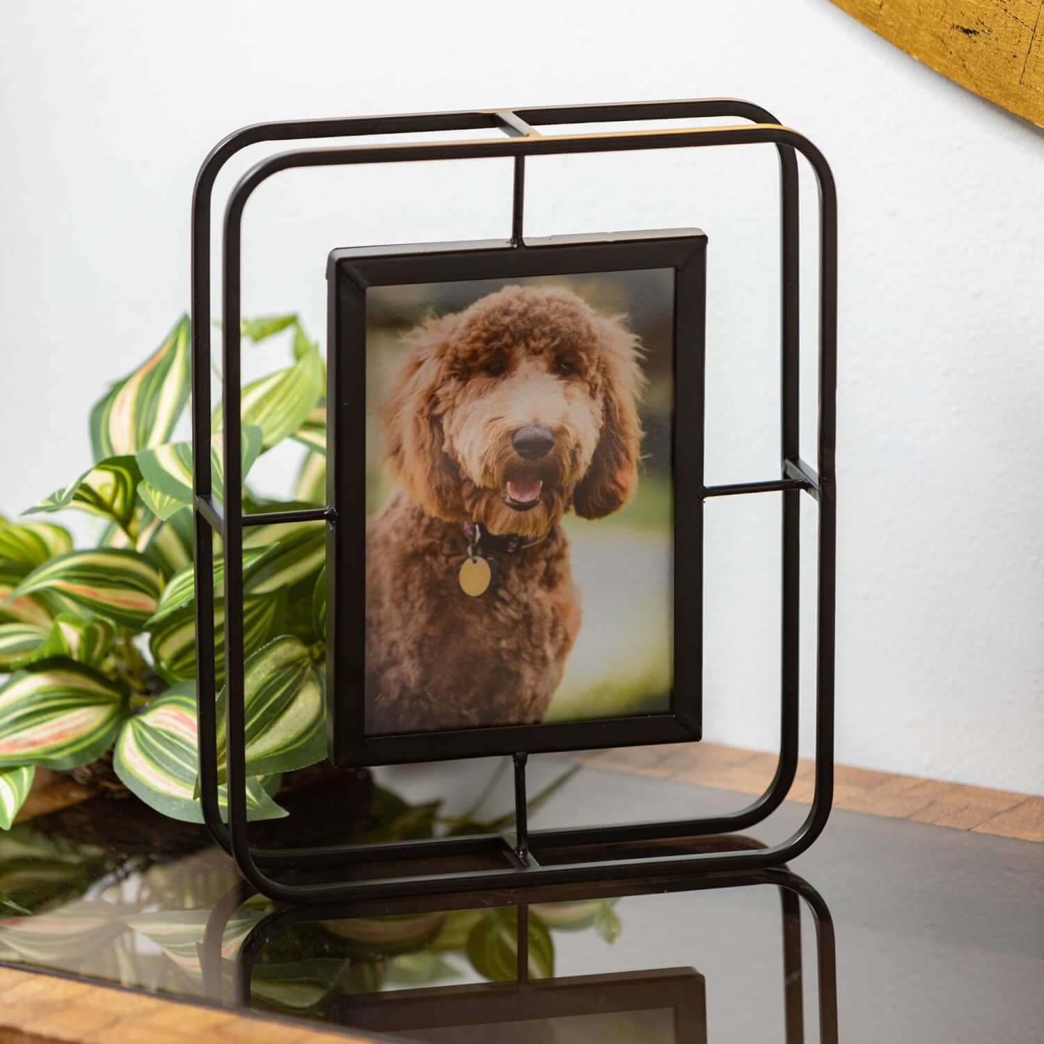 Black wire picture frame with glass front displaying dog photo, elegant design for indoor Christmas decorations under $50 collection