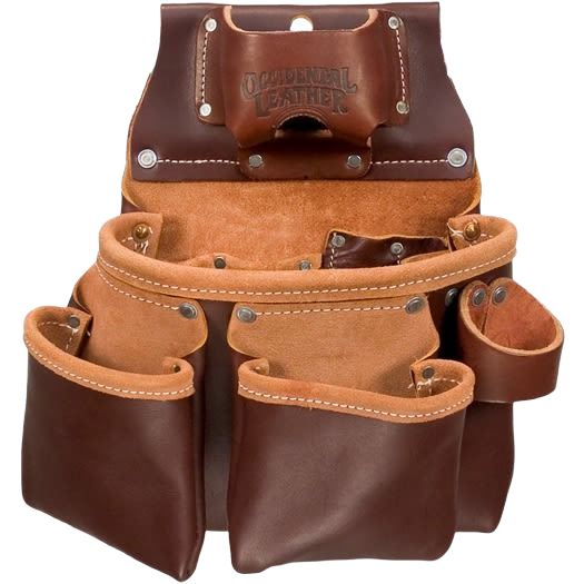 Brown and tan leather tool pouch with multiple compartments for woodworking and workshop organization tools storage