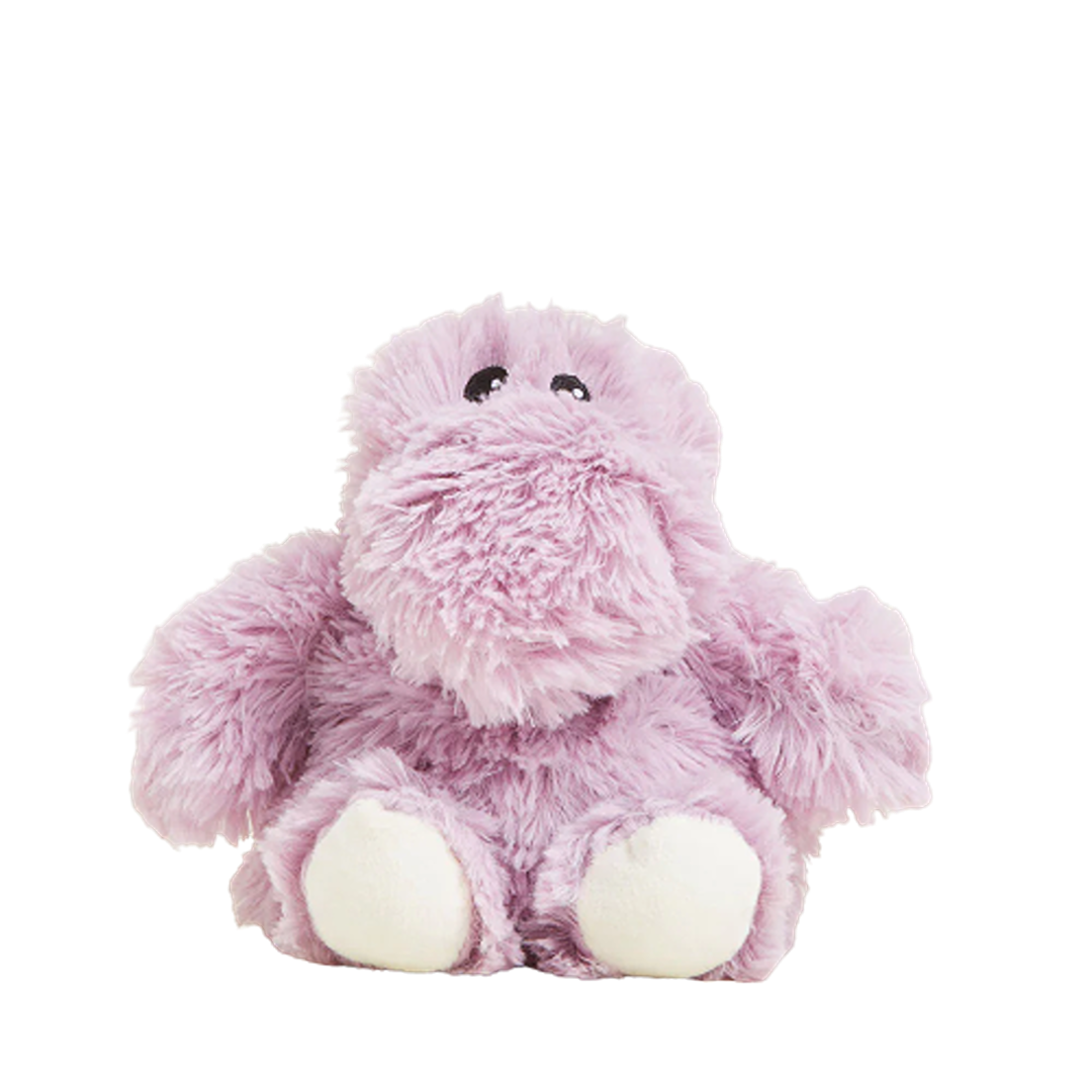 Soft lavender plush hippo with microwavable filling designed for comforting warmth and cozy relaxation