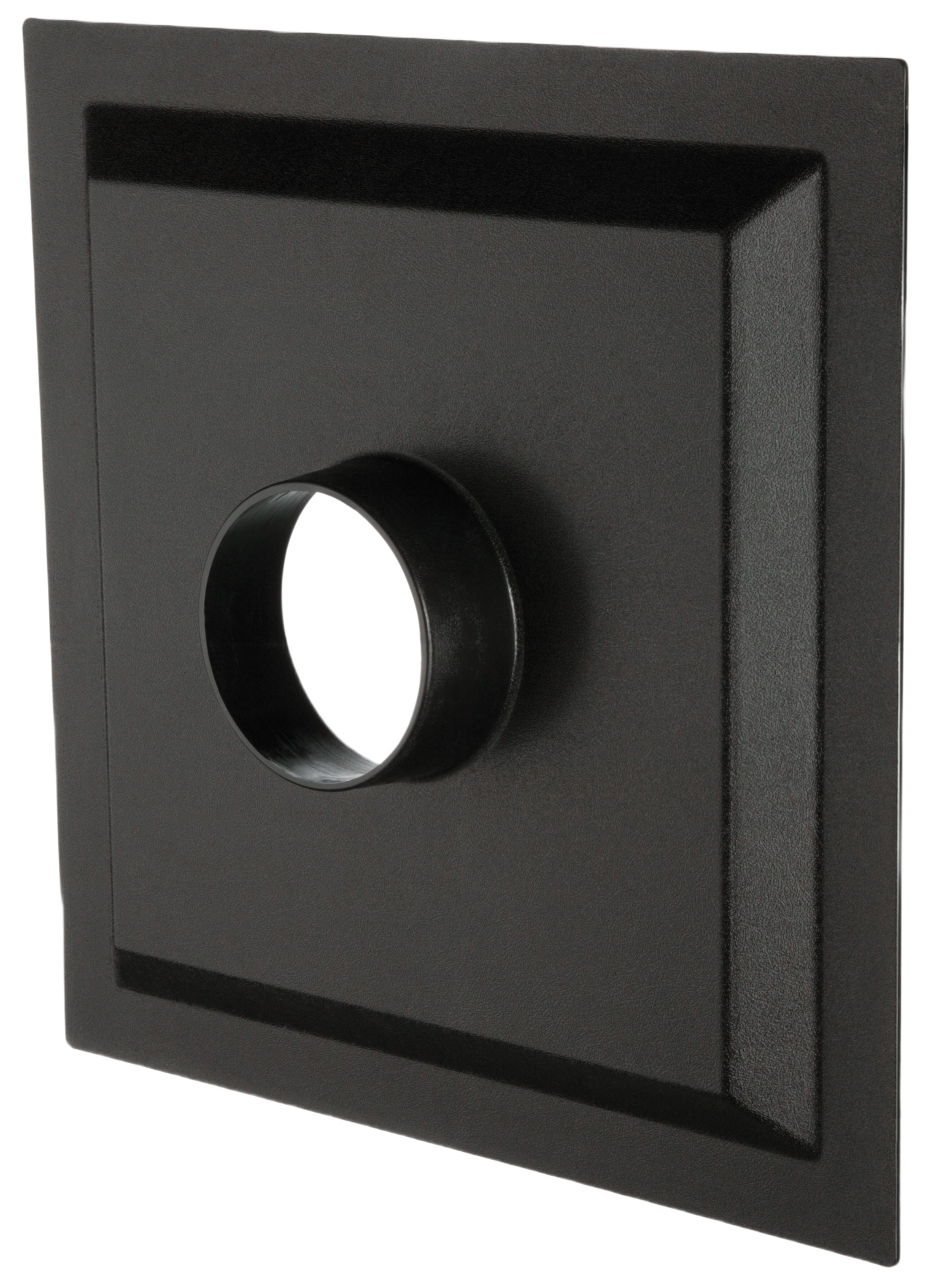 Black metal dust hood with circular opening for table saw dust collection in woodworking tools and air filtration supplies