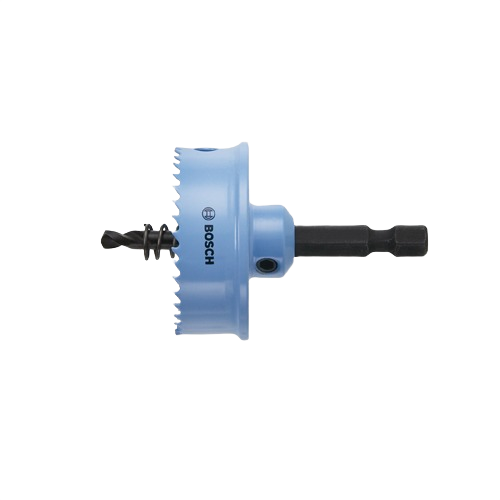 Blue Bosch thin-wall hole saw with high-speed steel teeth for fast metal cutting in woodworking tools collection