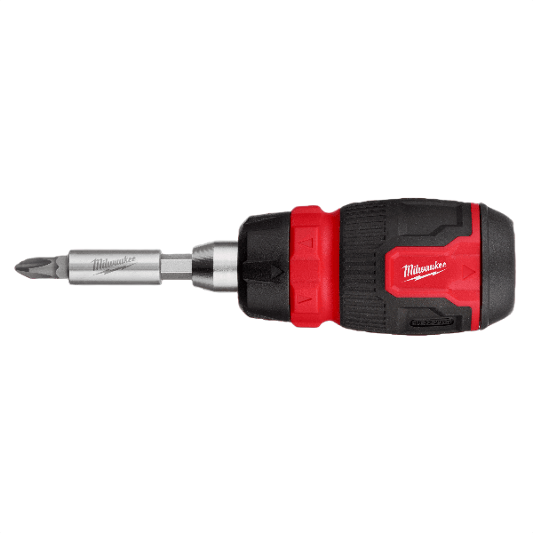 Compact ratcheting multi-bit screwdriver with ergonomic red and black grip for home improvement tasks