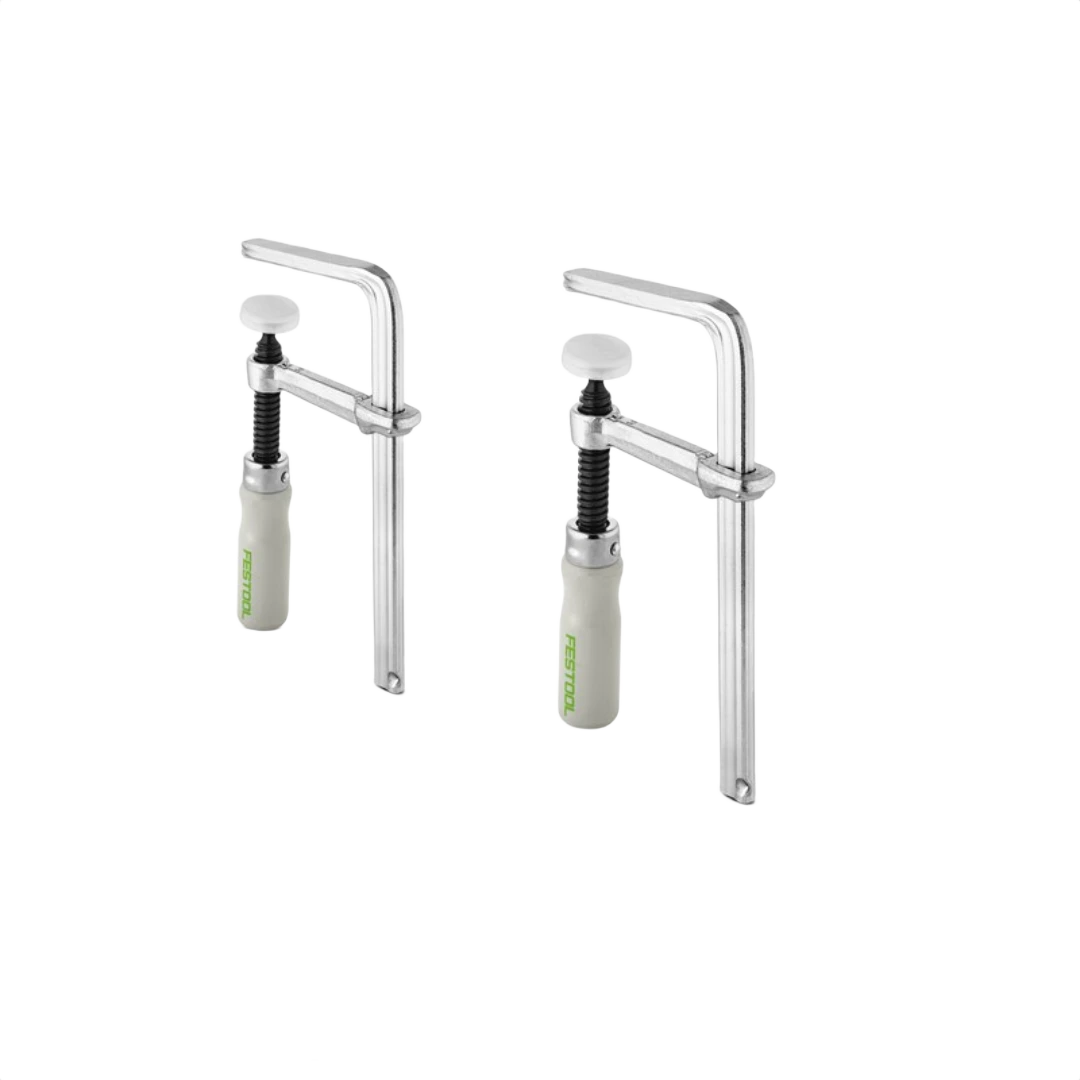 Pair of metal screw clamps with white handles designed for woodworking and tool accessory applications