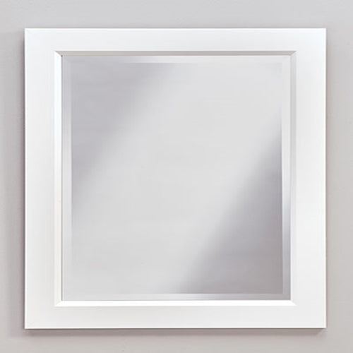 Square white framed wall mirror with clean lines for bathroom decor and home improvement collections