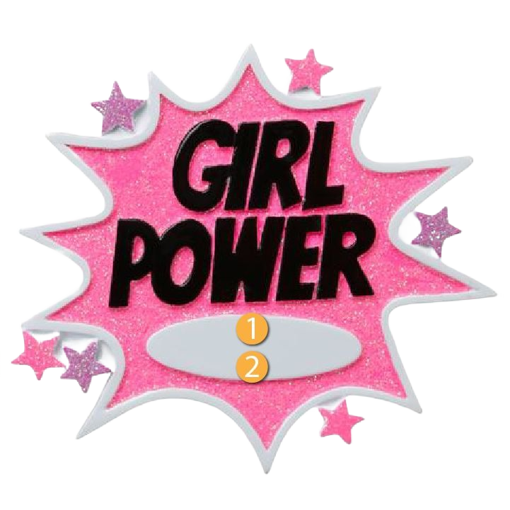 Pink glitter starburst ornament with bold black "GIRL POWER" text and purple stars for Christmas decorations under $50 collection