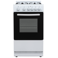 Compact white freestanding gas range with four burners, cast iron grates, and oven with window for kitchen appliances collection