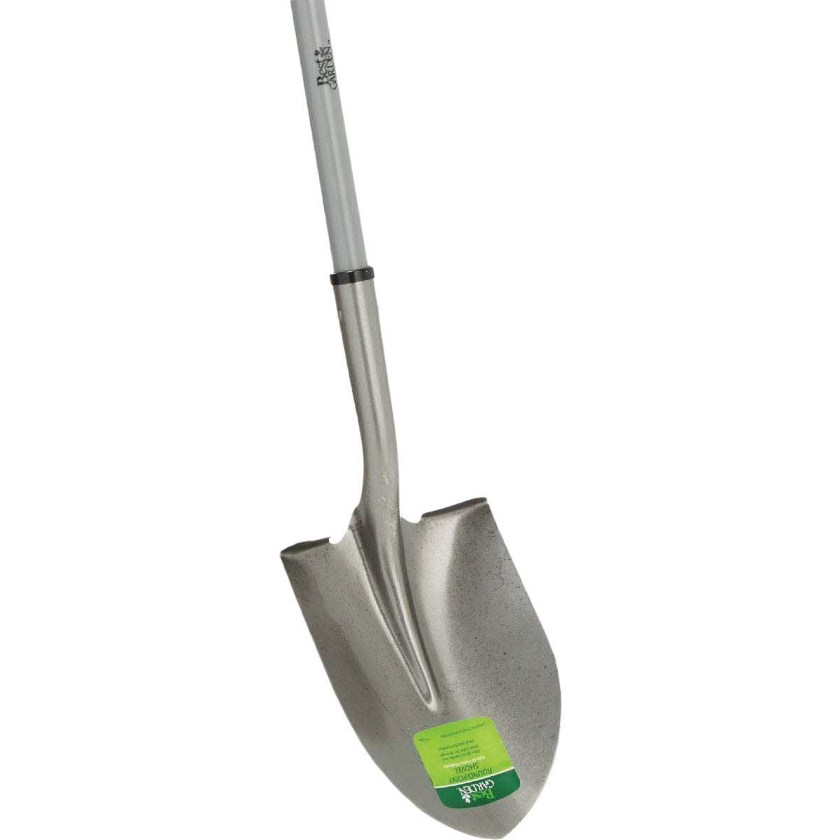 Round point shovel with fiberglass handle and metal blade for gardening and outdoor tools use