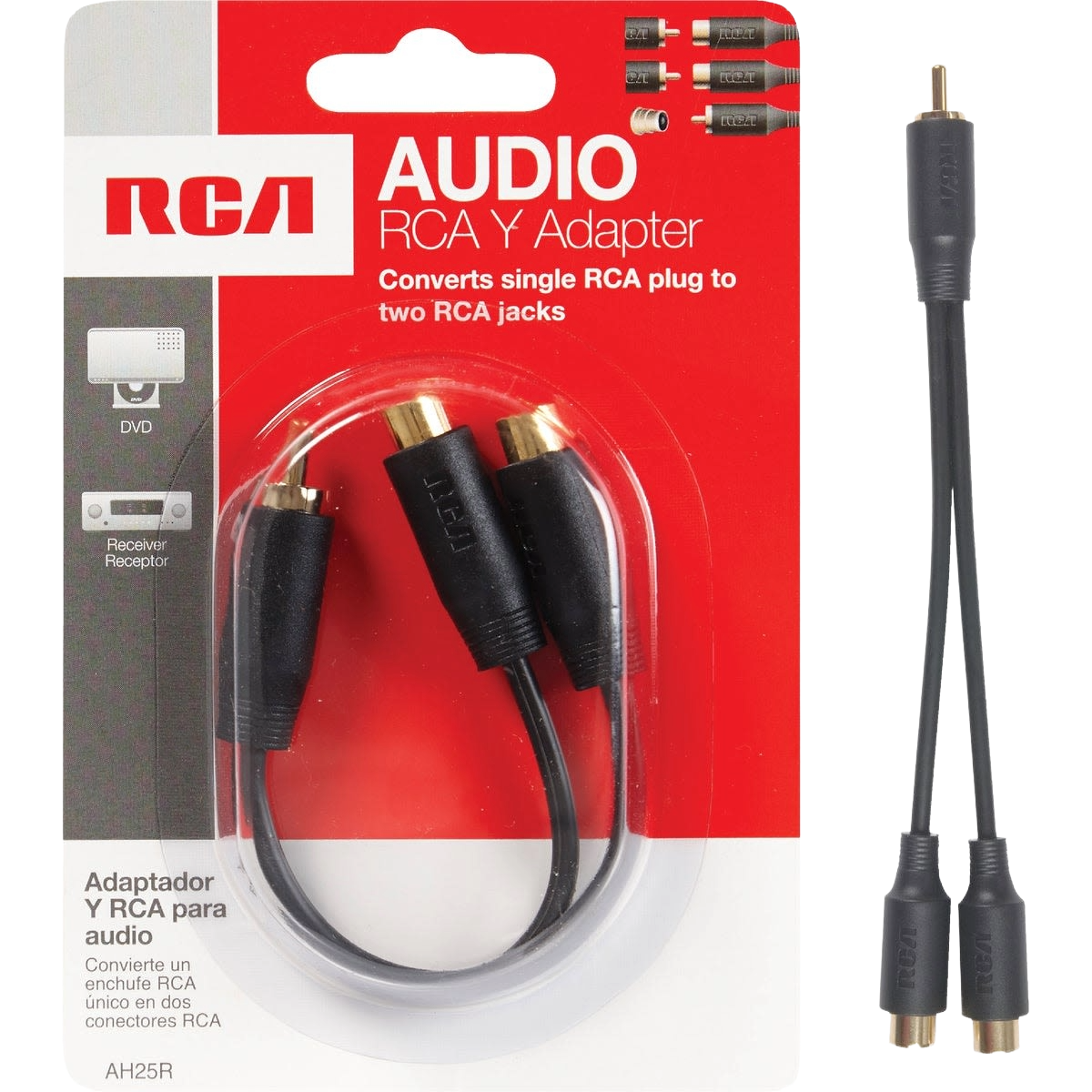 Black RCA audio Y adapter cable with one male and two female connectors displayed on red and white packaging from Electrical collection