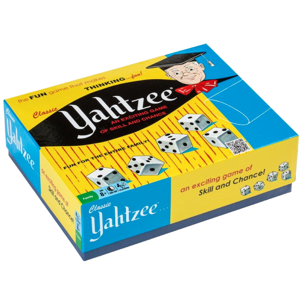 Classic Hasbro Yahtzee board game box with dice illustrations, perfect for toys and games under $50 collection.