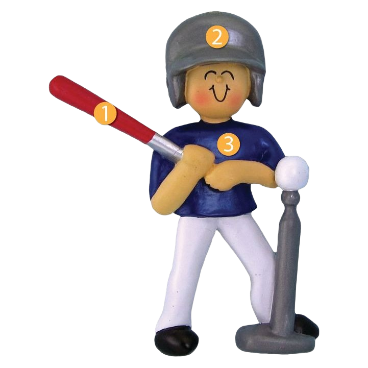 Figurine ornament of a smiling boy in blue shirt and helmet swinging red bat at a white tee ball for Christmas décor