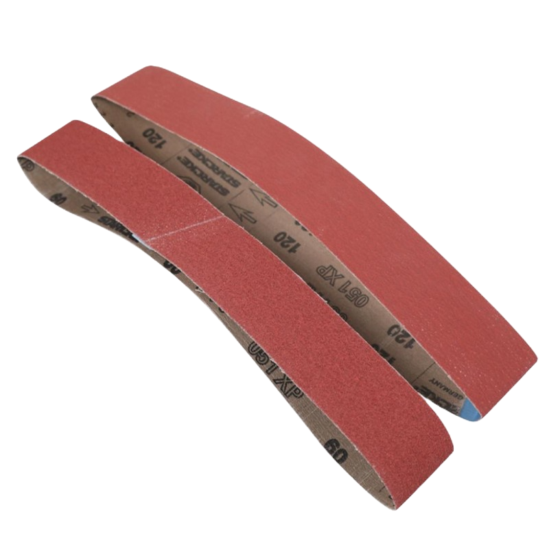 Two curved ceramic abrasive sanding belts in red 60 grit for tools and home improvement projects