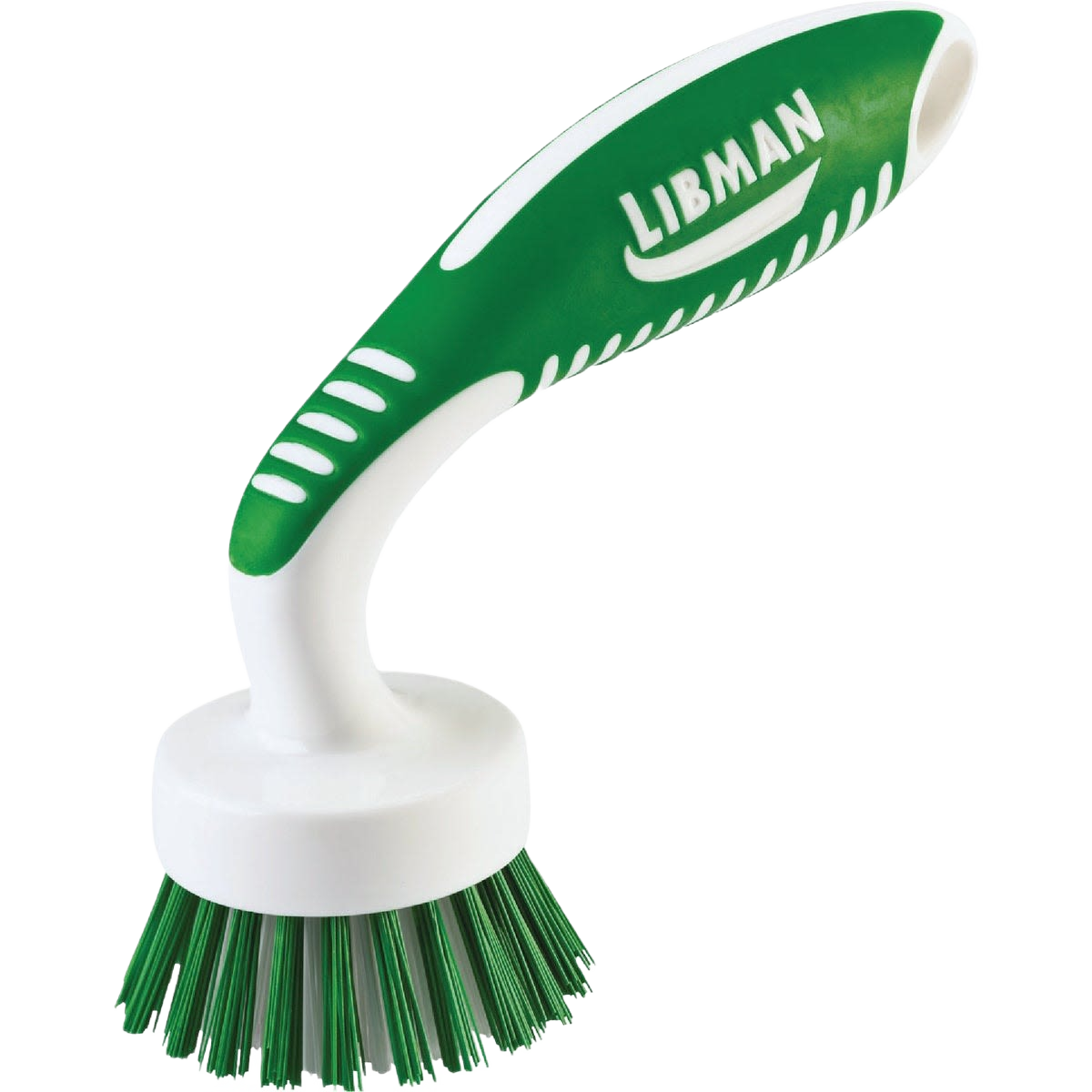 Ergonomic curved cleaning brush with white and green polymer handle and stiff bristles for home improvement tasks