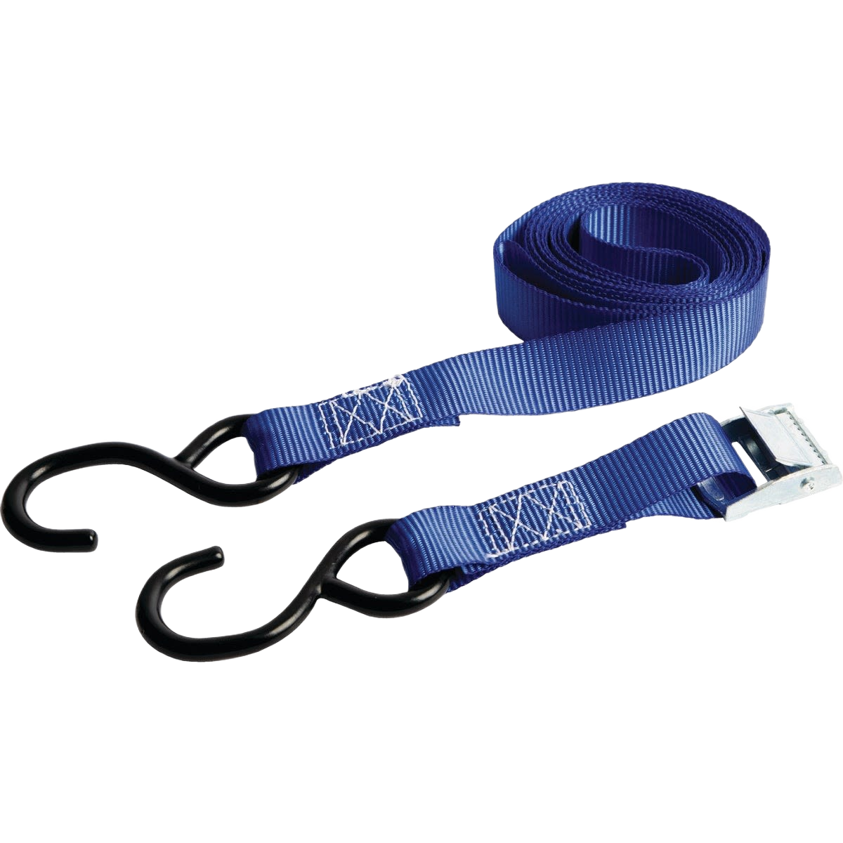 Blue cam buckle tie-down strap with black metal hooks for securing loads in home improvement and tools projects