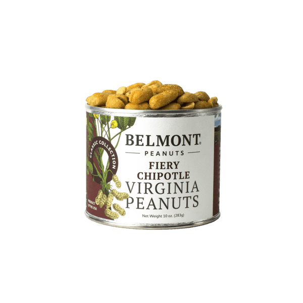 Tin of Belmont fiery chipotle Virginia peanuts spilling snacks in the food and beverage under $25 collection
