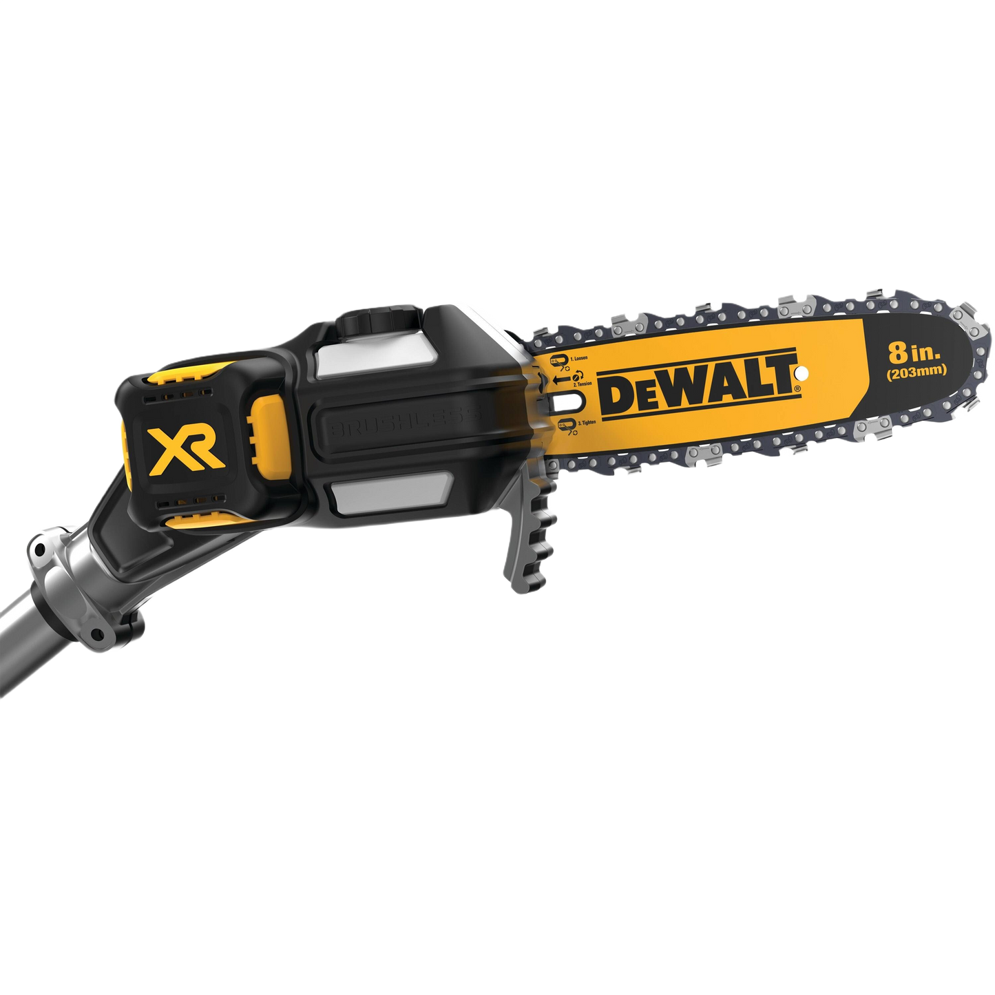 Compact 8-inch cordless pole saw attachment with brushless motor for precise trimming in home improvement projects