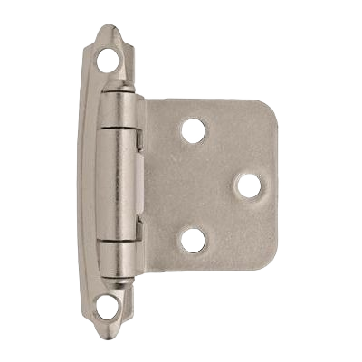 Satin nickel self-closing face mount cabinet hinge with varying overlay for home improvement projects