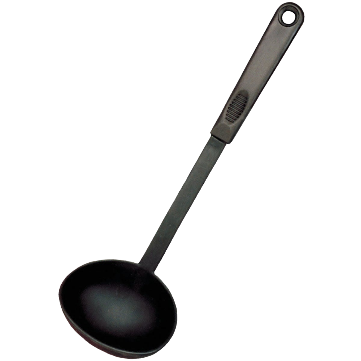 Black nylon ladle with long handle for serving soups and sauces in kitchenware and cooking utensil collections