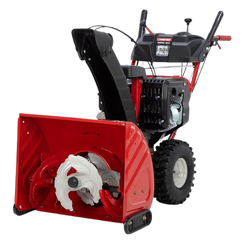 Red and black heavy-duty snow blower with rugged tires and powerful three-stage auger for efficient snow clearing tasks