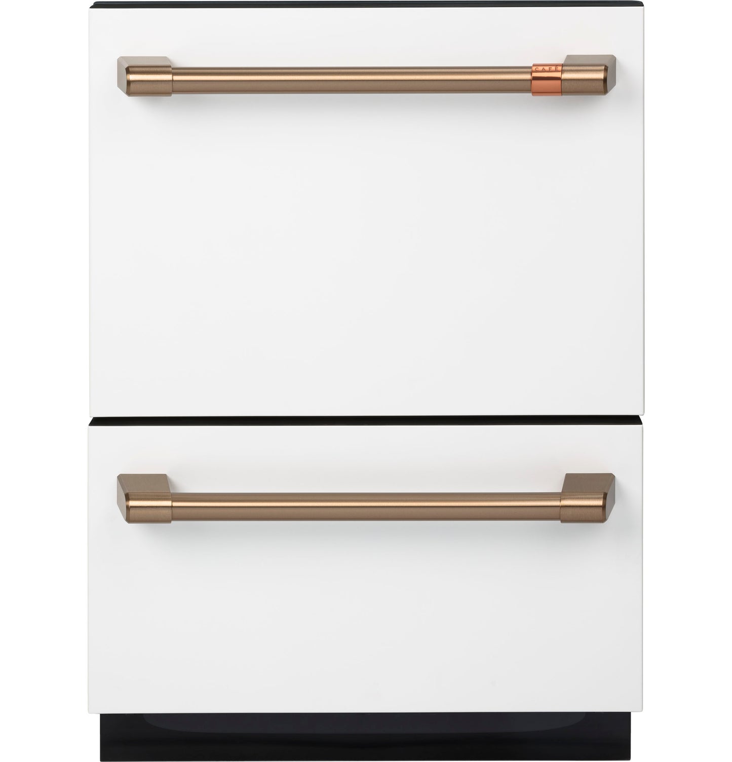 Built-in double drawer dishwasher with white exterior and copper-toned handles in kitchen appliances and dishwashers collections