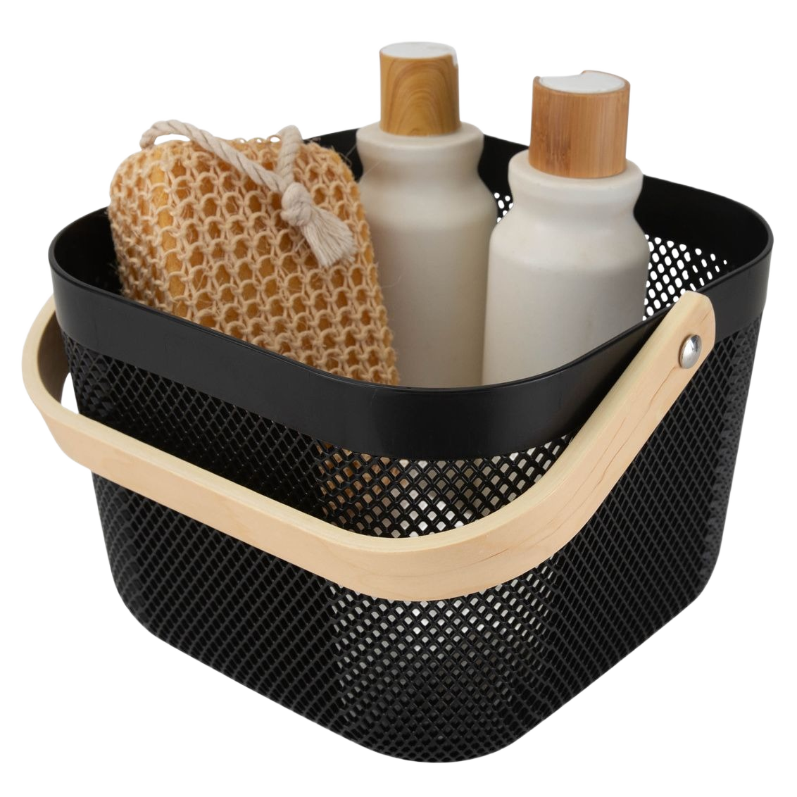 Black mesh storage basket with wooden handle holding natural fiber scrub and two ceramic bottles for home organization