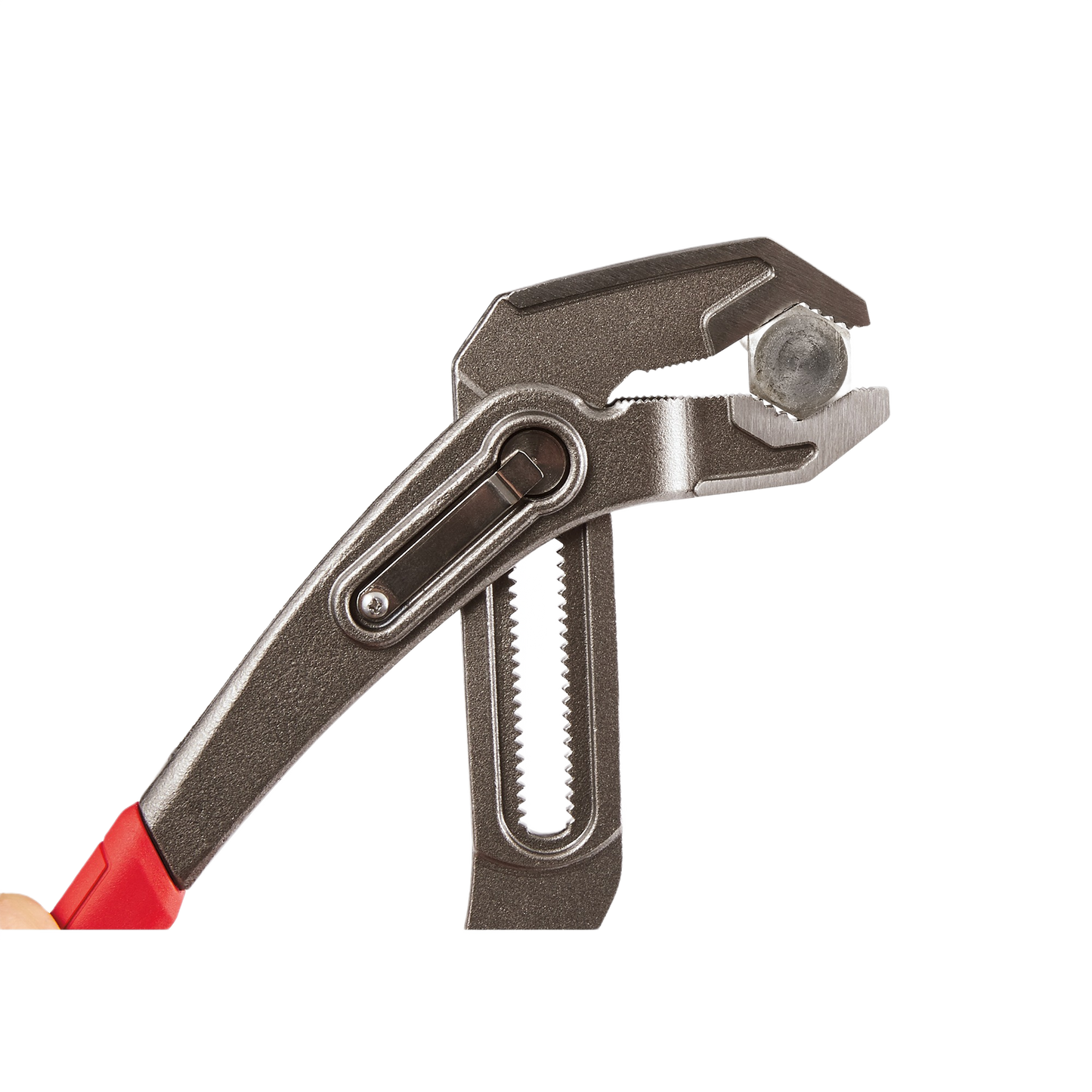 Close-up of hex-jaw pliers gripping a metal nut, featuring a textured comfort grip handle for home improvement tasks