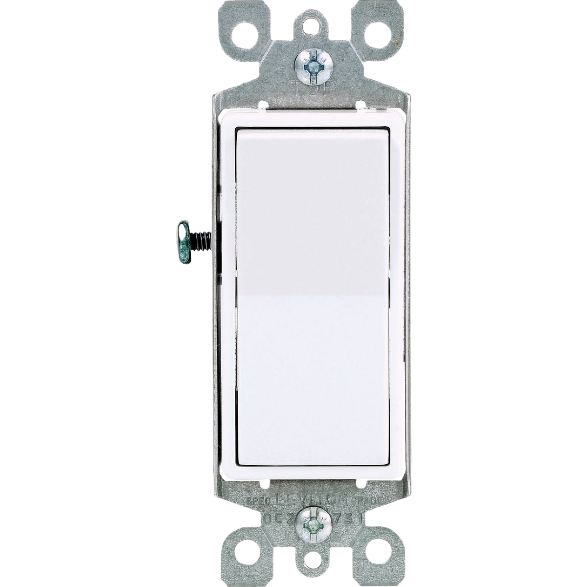 White rocker switch with metal mounting plate designed for residential home improvement and electrical use