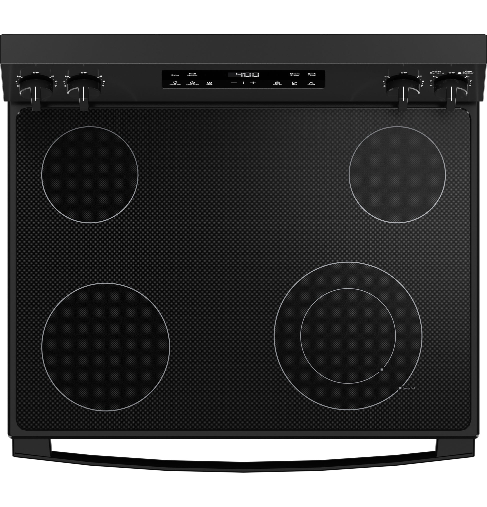 Black glass electric cooktop with four radiant burners and top control panel in electric ranges and kitchenware collection