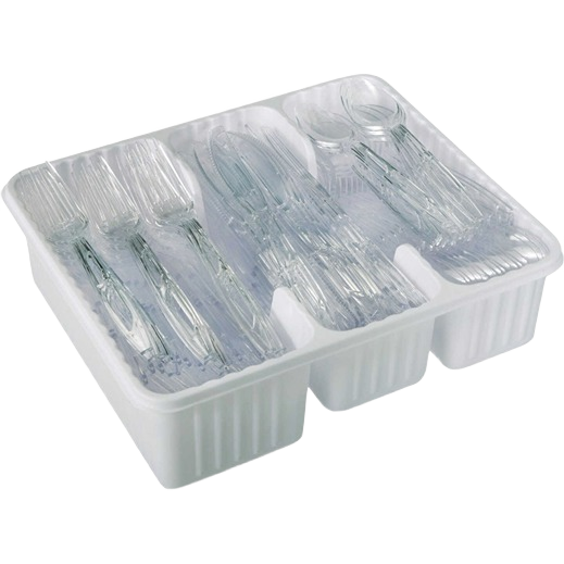 Clear plastic forks, knives, and spoons organized in white plastic tray for kitchenware and dining essentials under $50 category