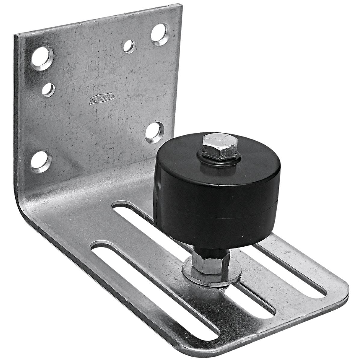 Galvanized steel barn door stay roller with adjustable slots for secure door guiding in home improvement hardware collections