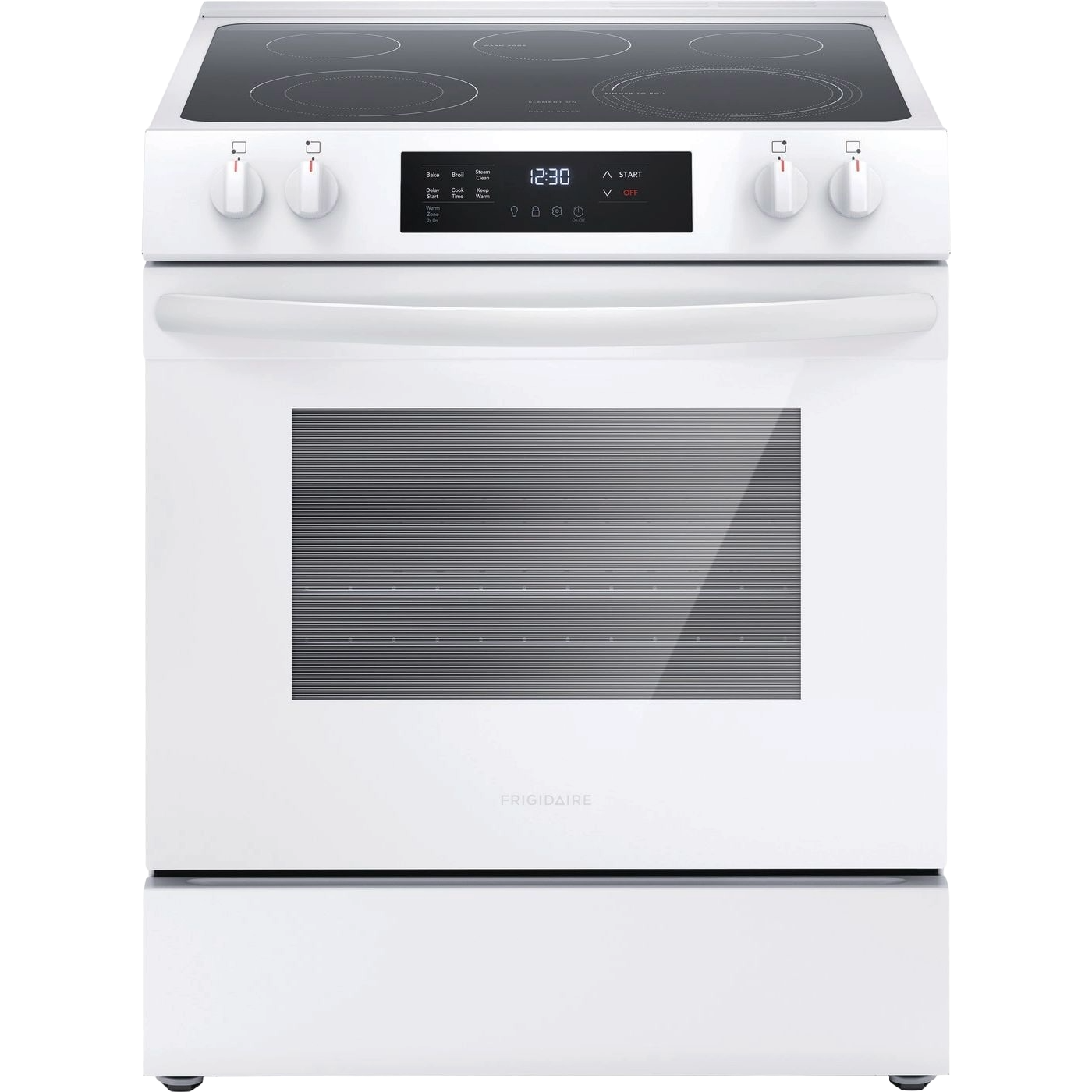 White electric range with smooth cooktop, front control knobs, digital display, and large oven window for kitchen appliances.