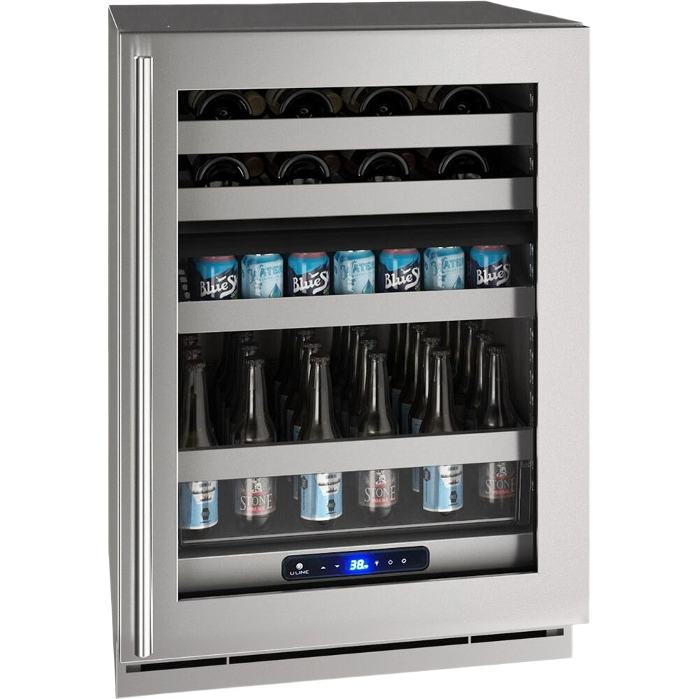 Stainless steel beverage center with glass door displaying craft beers and wine bottles in kitchen appliance collection