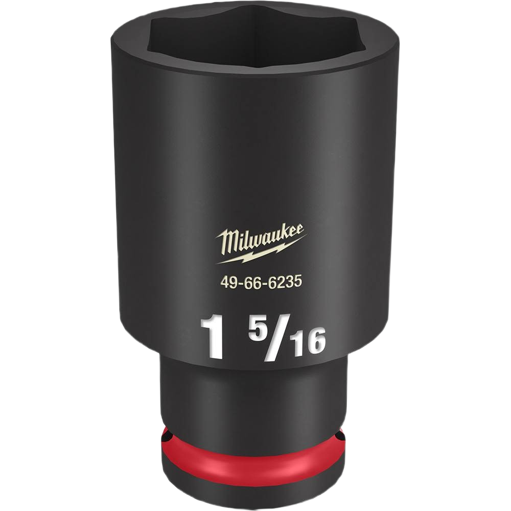 Black impact socket with red ring and engraved size marking in hand tools and Milwaukee collections