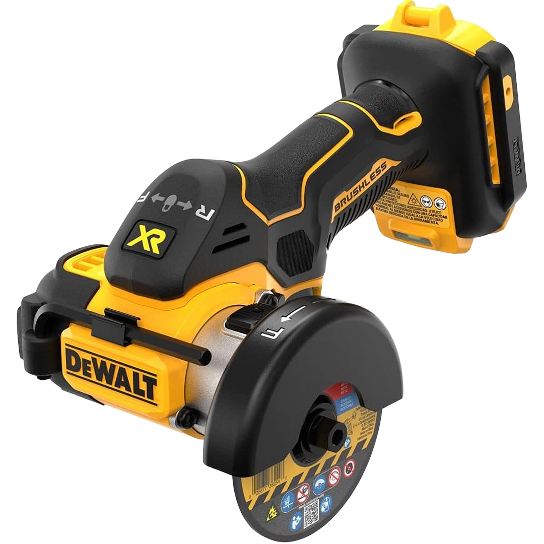 Compact yellow and black cordless cut-off tool with brushless motor, designed for precision cutting in woodworking and home improvement tasks.