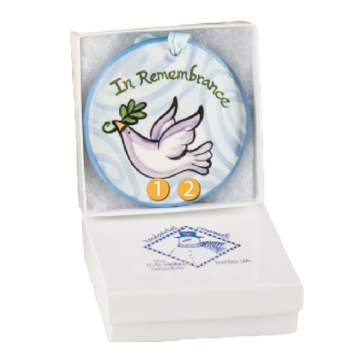 Hand-painted ceramic ornament with dove and olive branch, "In Remembrance" text in Christmas Ornaments & Tree Decorations collection