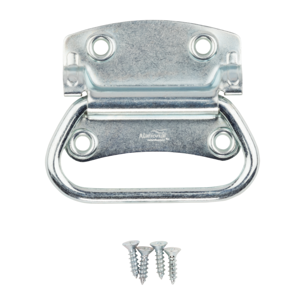 Cold rolled steel chest handle with mounting holes and screws for furniture hardware and home improvement projects