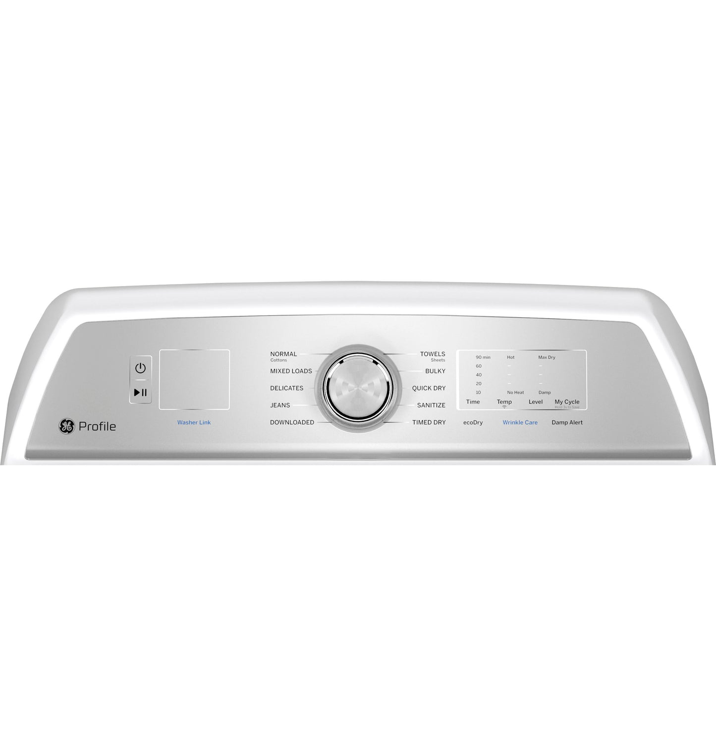 Close-up of GE Profile dryer control panel with cycle selector knob and LED display for Dryers collection.