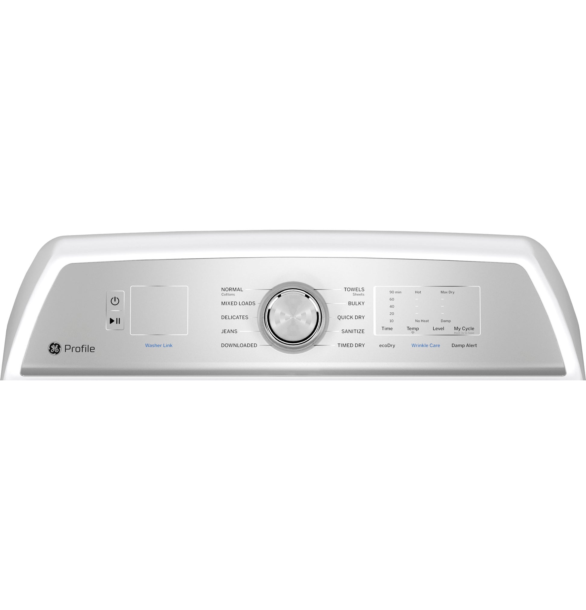 Close-up of GE Profile dryer control panel with cycle selector knob and LED display for Dryers collection.