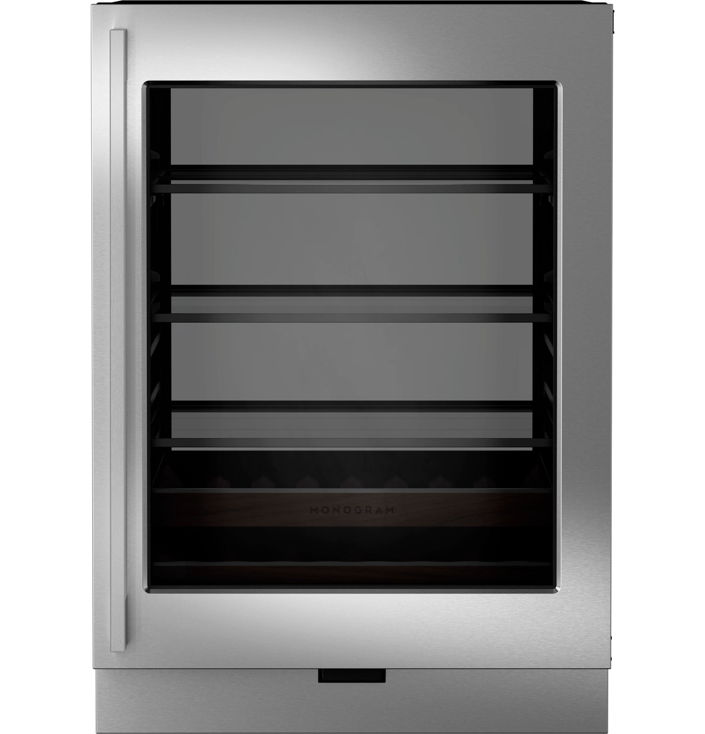 Stainless steel panel-ready beverage center with glass door, adjustable shelves, and wood-accent wine racks from appliances collection