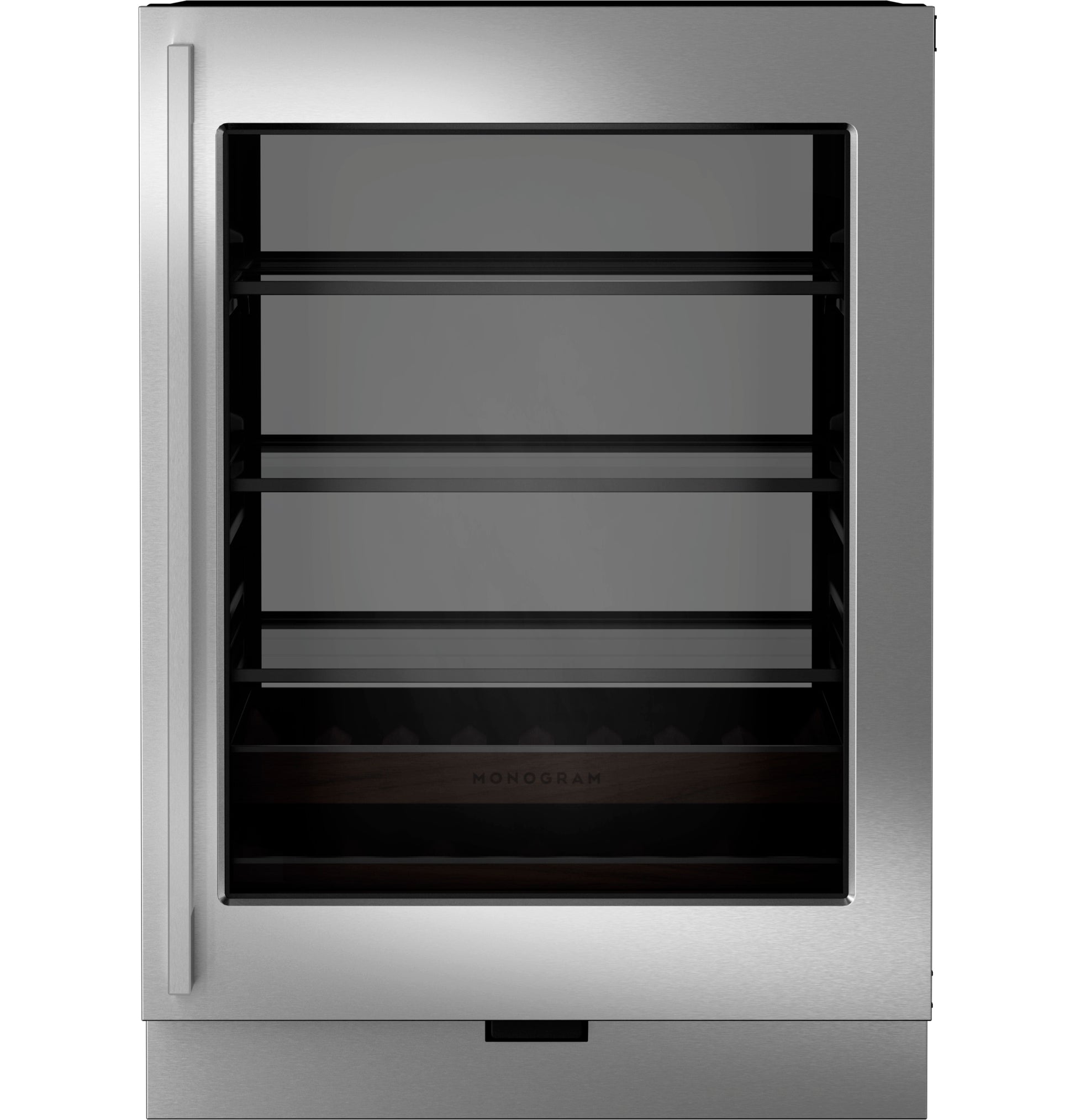 Stainless steel panel-ready beverage center with glass door, adjustable shelves, and wood-accent wine racks from appliances collection