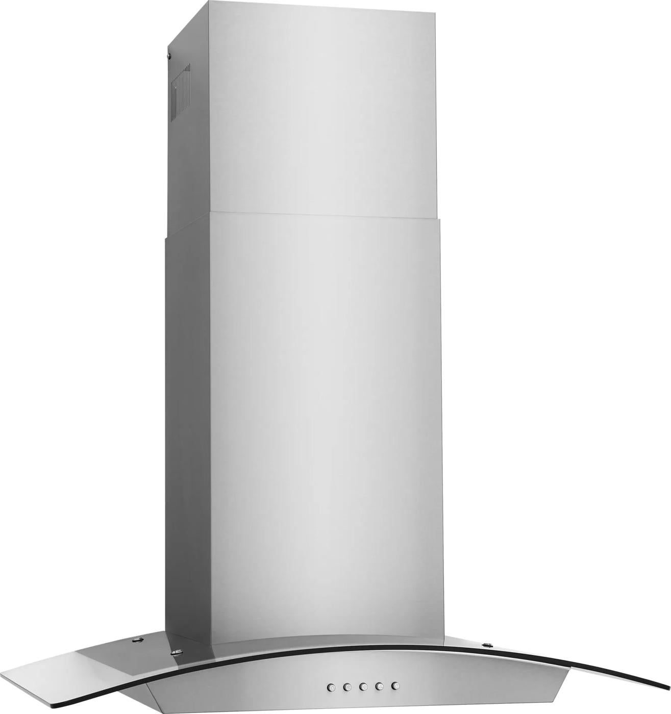stainless steel and glass canopy wall hood with push button controls for range hoods in kitchen appliances collection