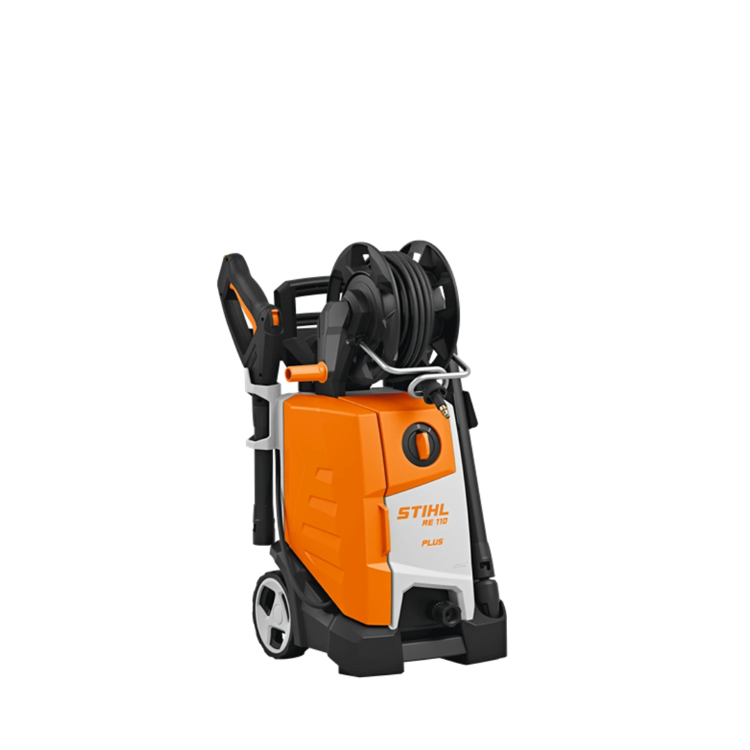 Orange and black compact electric pressure washer with hose reel and wheels for home improvement and outdoor cleaning tasks