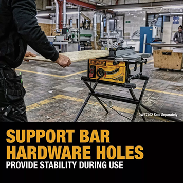DEWALT compact folding table saw stand with support bar hardware holes for enhanced stability in tools and home improvement tasks