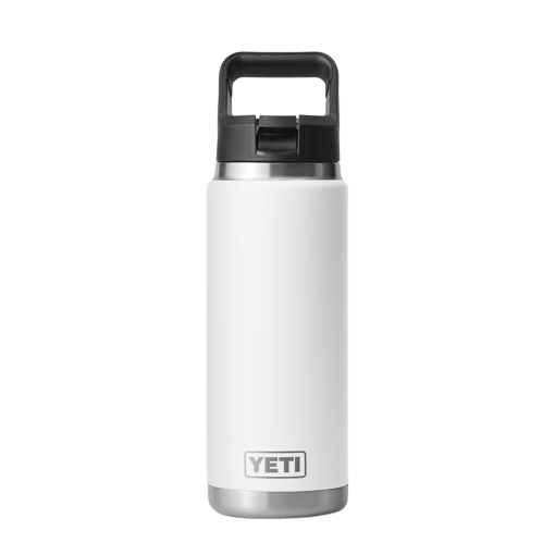 White insulated stainless steel 26 oz bottle with black handle and straw cap from Drinkware and Kitchen collections