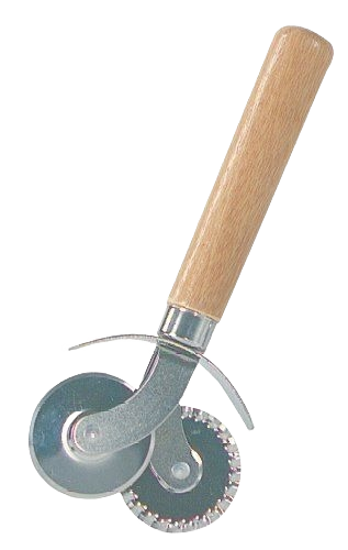 Pastry crimper and cutter tool with wooden handle and dual metal wheels for baking in kitchenware collections